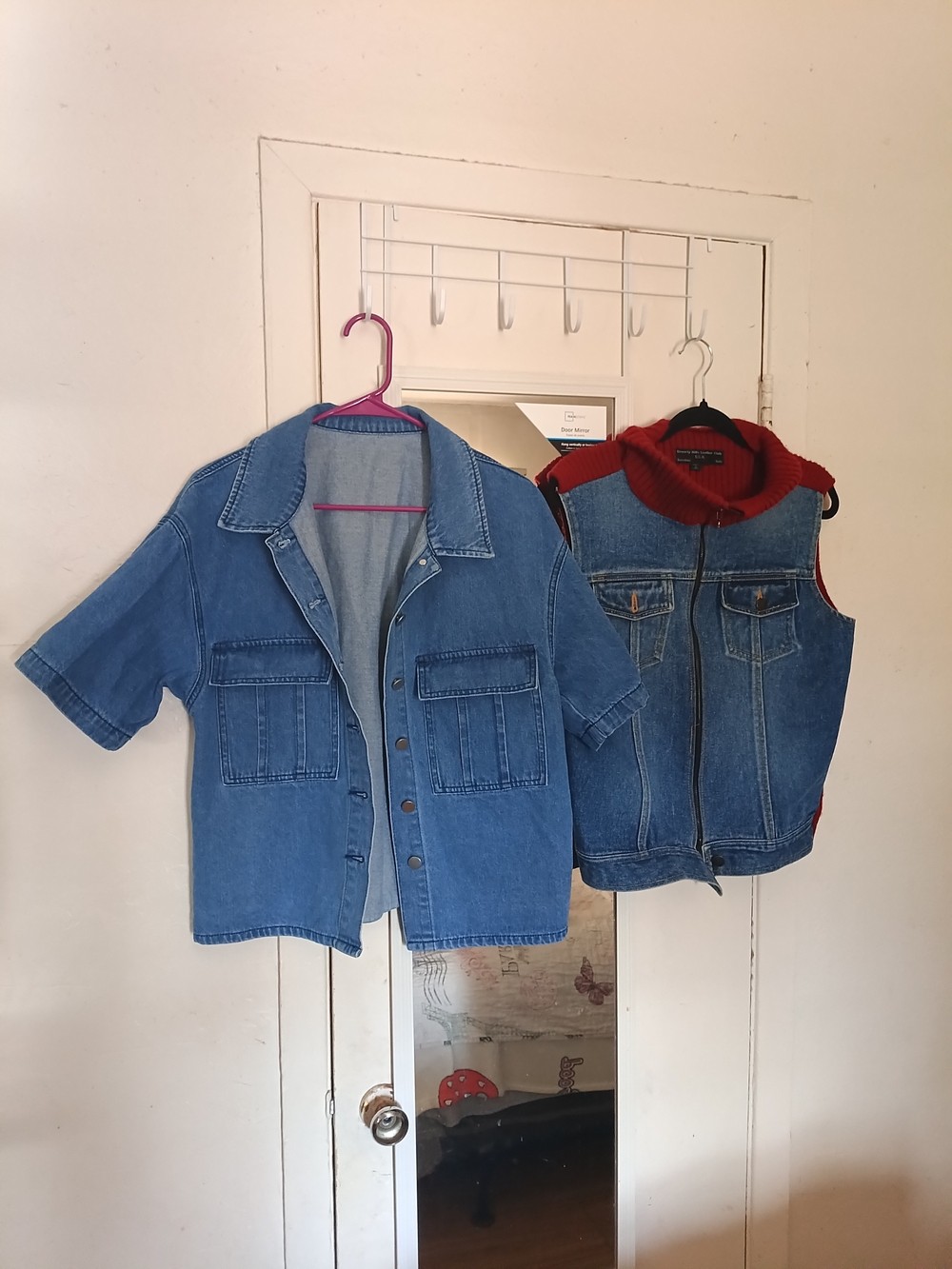 Two Denim Tops Short-Sleeve Jacket with Blue Denim Vest and Red Trim Set